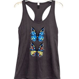 ModCloth butterfly print grey racer back tank top womens size small